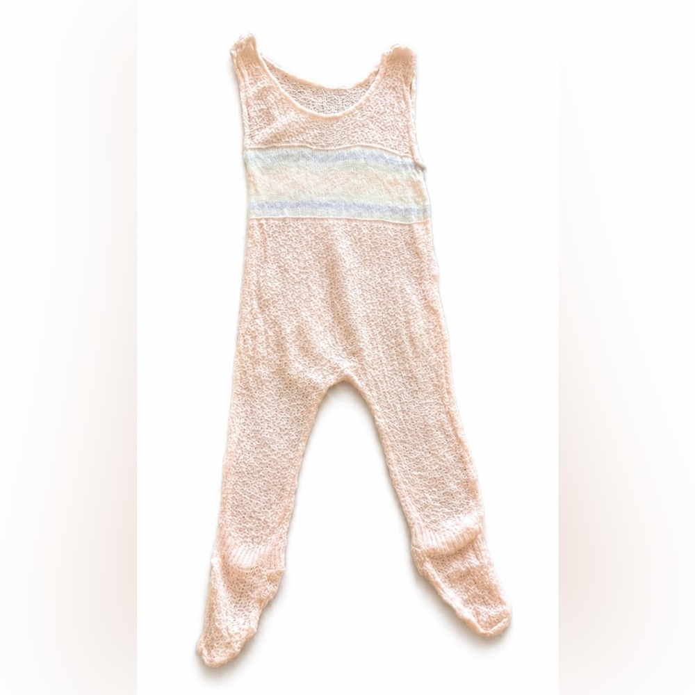 Vintage 70s Soft Knit Baby Romper in Blush with Pastel Stripe